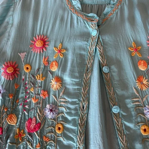 Johnny Was Turquoise Blouse with Multicolor Floral Embroidery - Picture 5 of 5